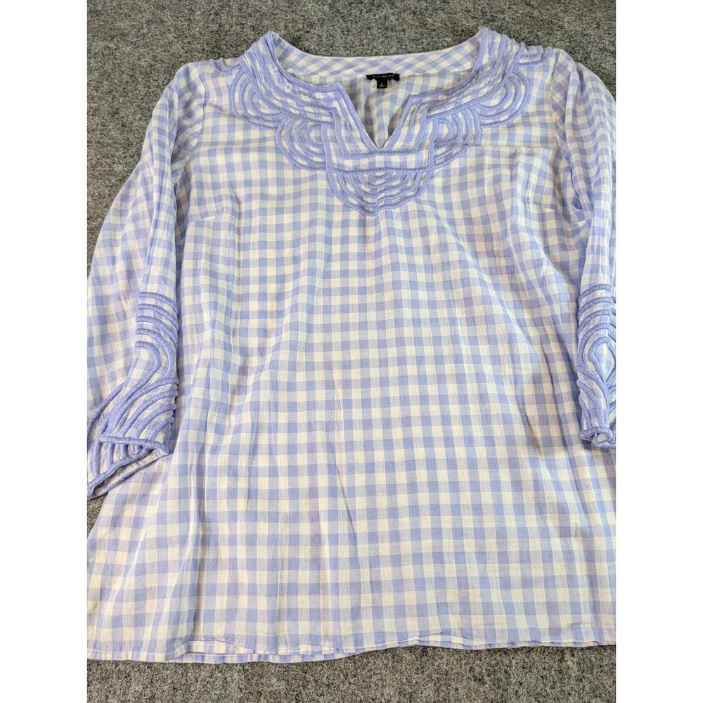 Talbots Blue Gingham Cotton Blouse Split Neck Embroidered 3/4 Sleeve Large